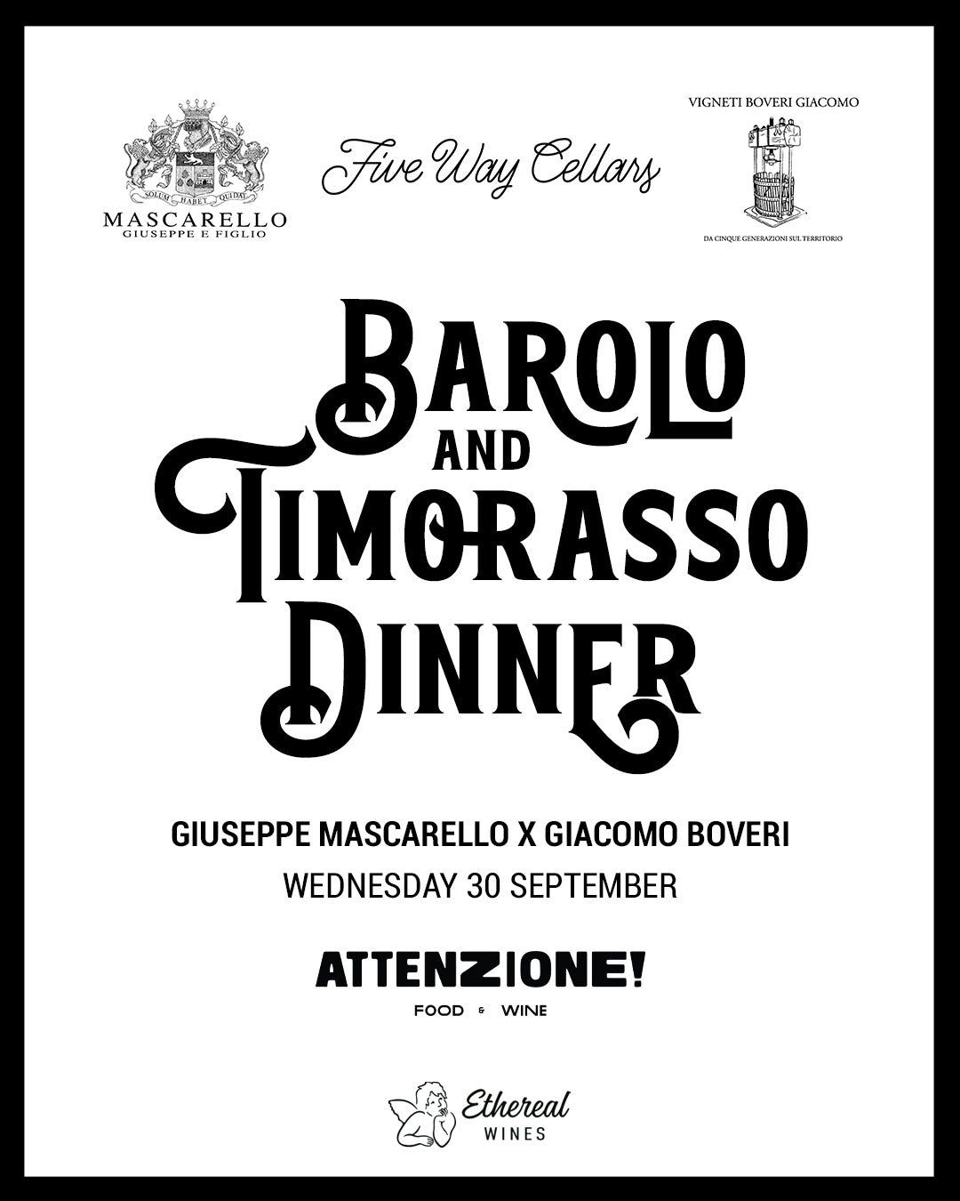 Giuseppe Mascarello x Giacomo Boveri Barolo and Timorasso Wine Dinner